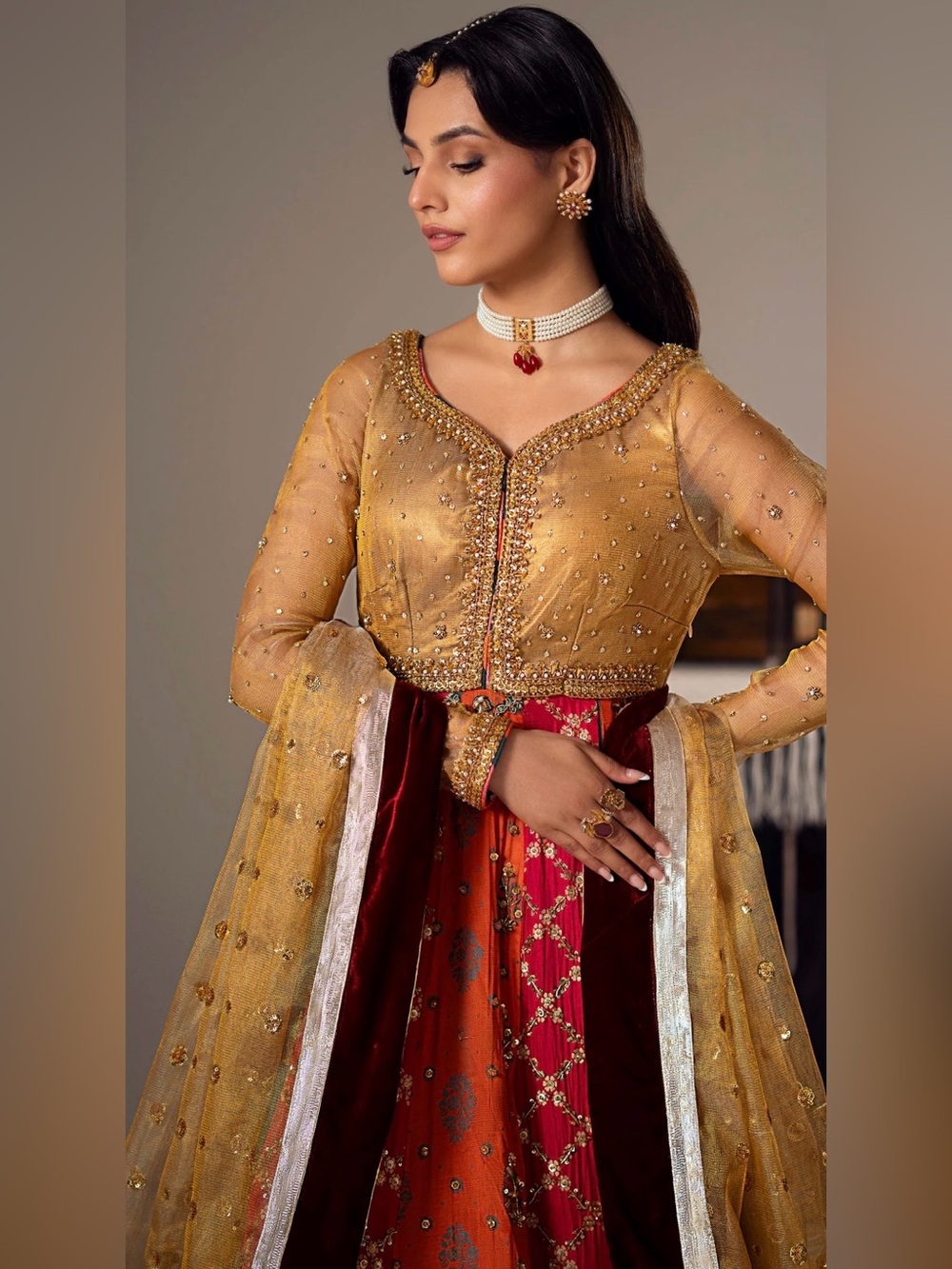 Elegant Gold and Maroon Women's Embroidered Anarkali Dress